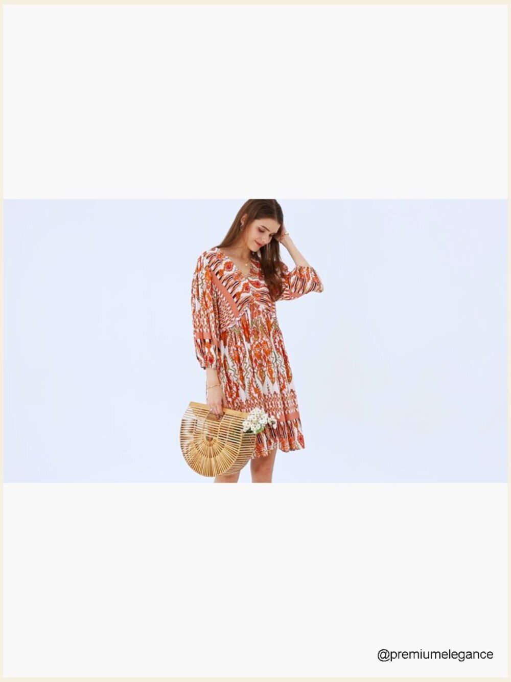 V-Neck 3/4 Sleeve Floral Babydoll Mini Dress Loose Fit Rayon - Picture 7 of 7